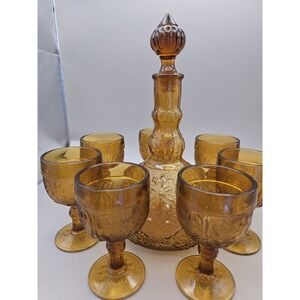 Vintage Decanter Amber Glass‎ Set With 7 Matching Goblets. Tara